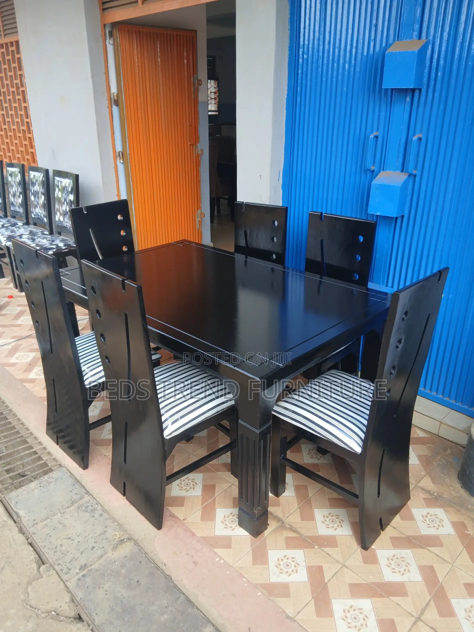 6 Seater Dining Set – Black Wooden Table Striped Cushioned Chairs