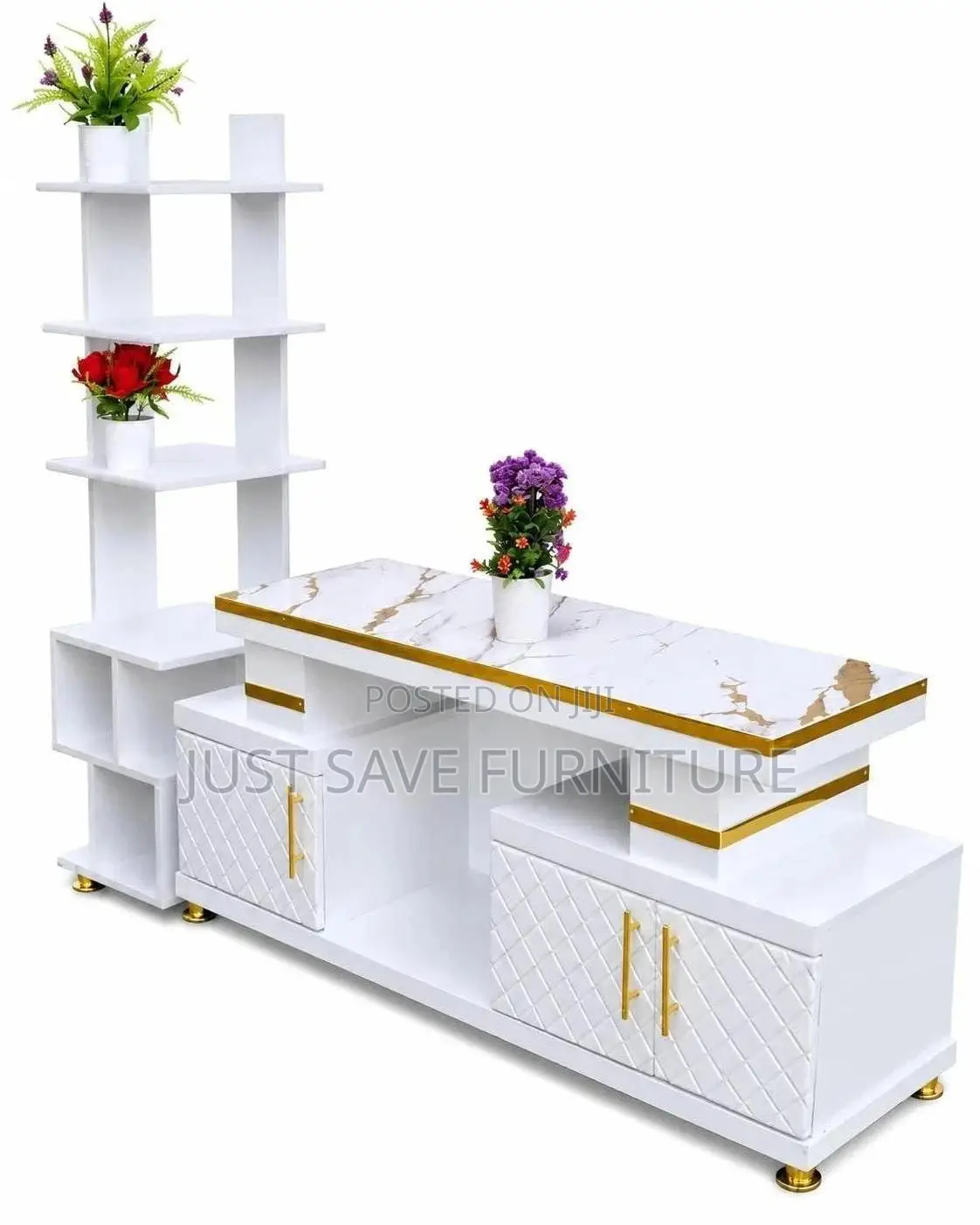 Modern White Marble Tv Stand With Display Shelf Storage Cabinets