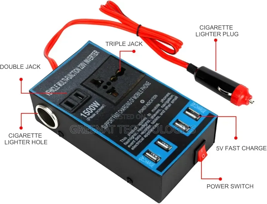 1500w Car Inverter, 4 Usb Ports and High Voltage Socket