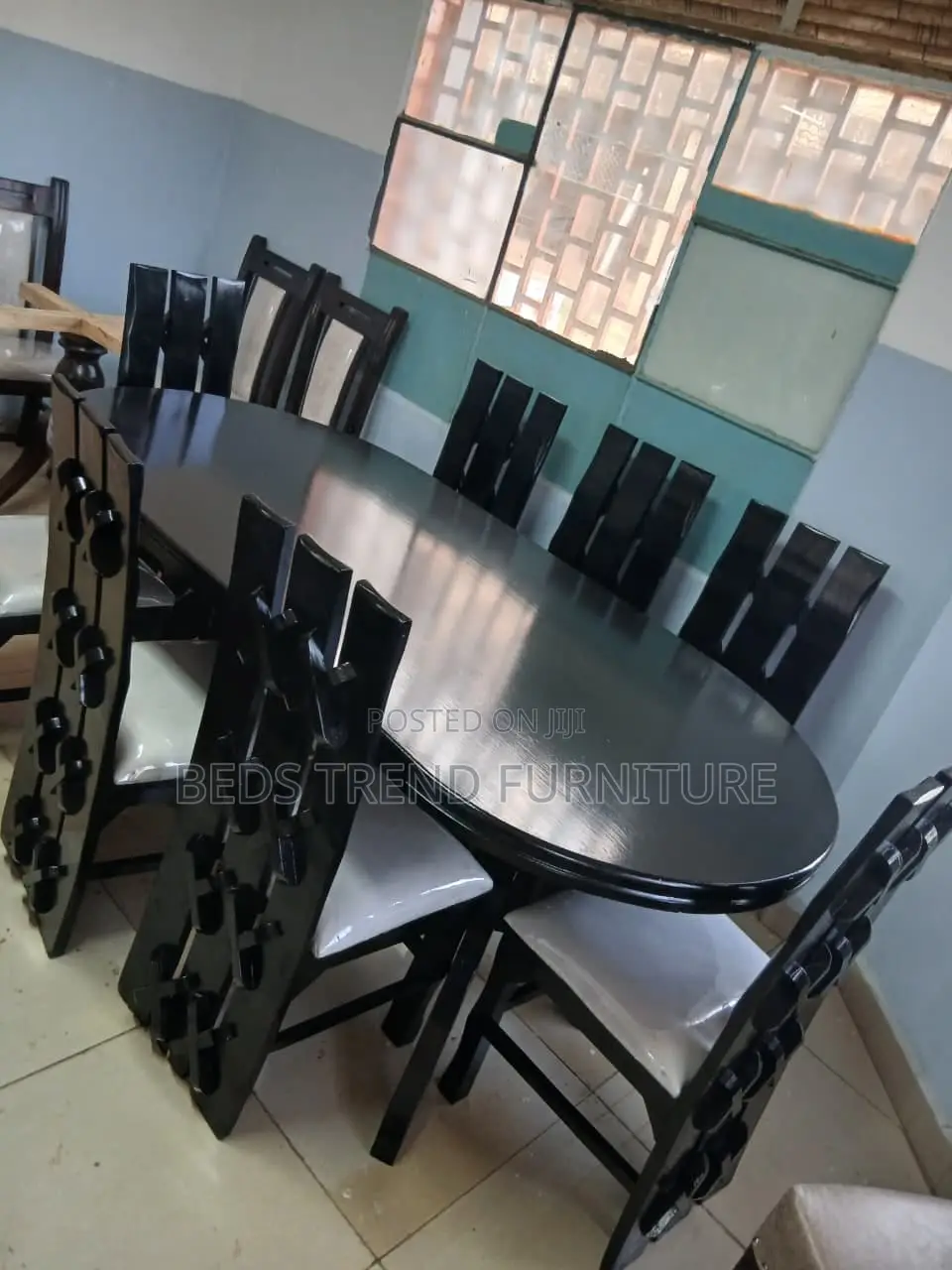 8 Seater Dining Set – Oval Black Wooden Table