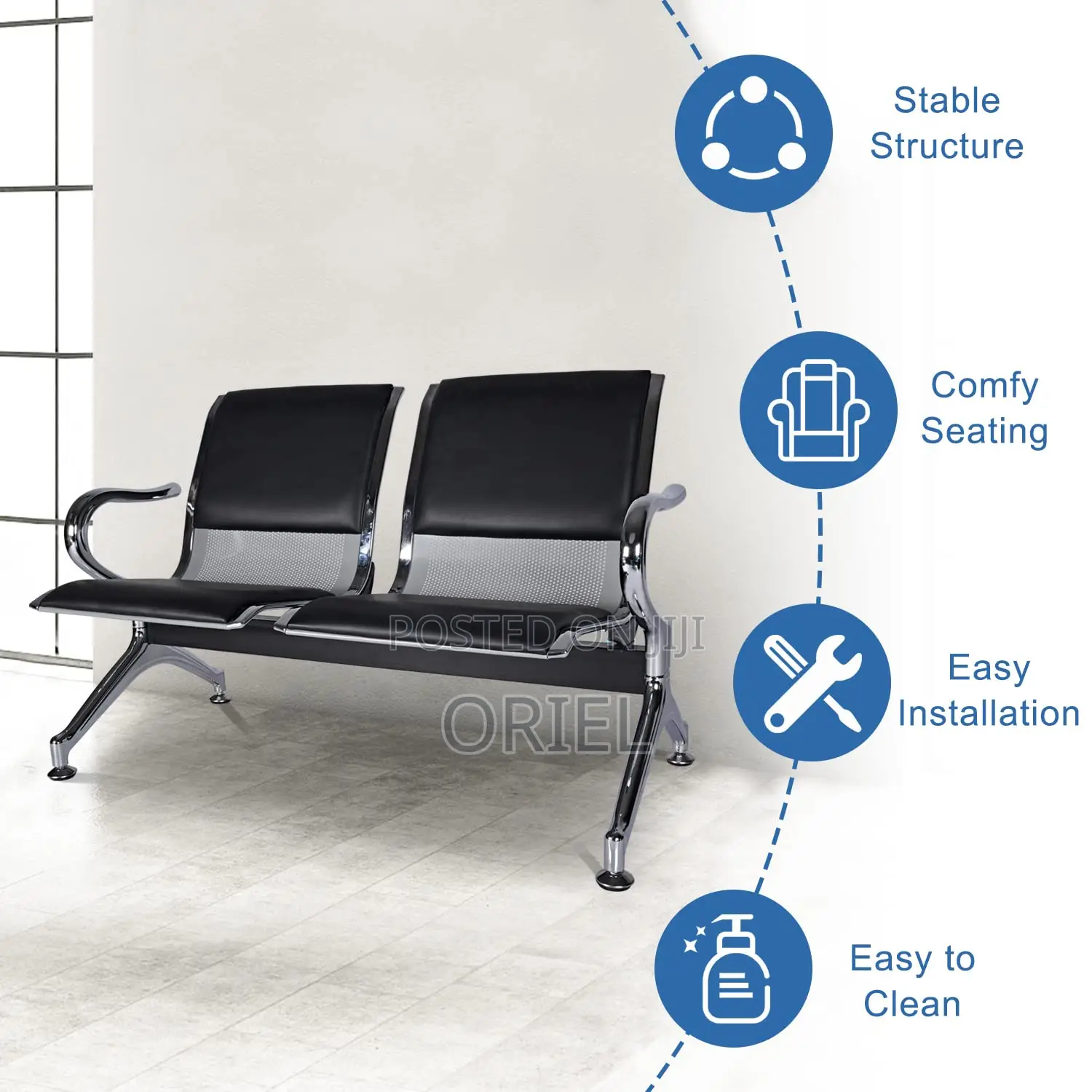 Office Bench 2-Seater Leather Padded Office Reception Waiting Bench