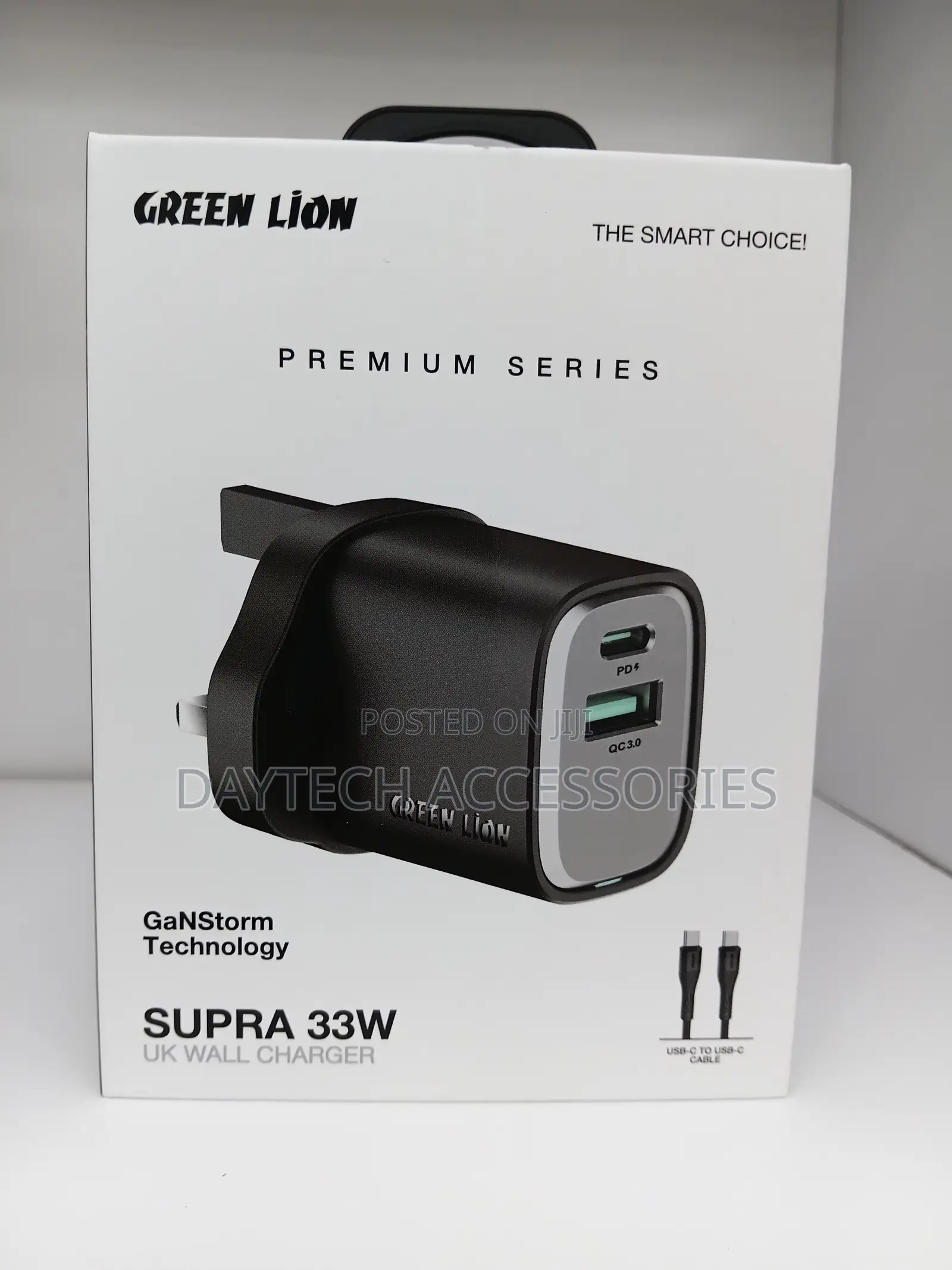 This Is a Green Lion Supra 33w Uk Wall Charger in Black.