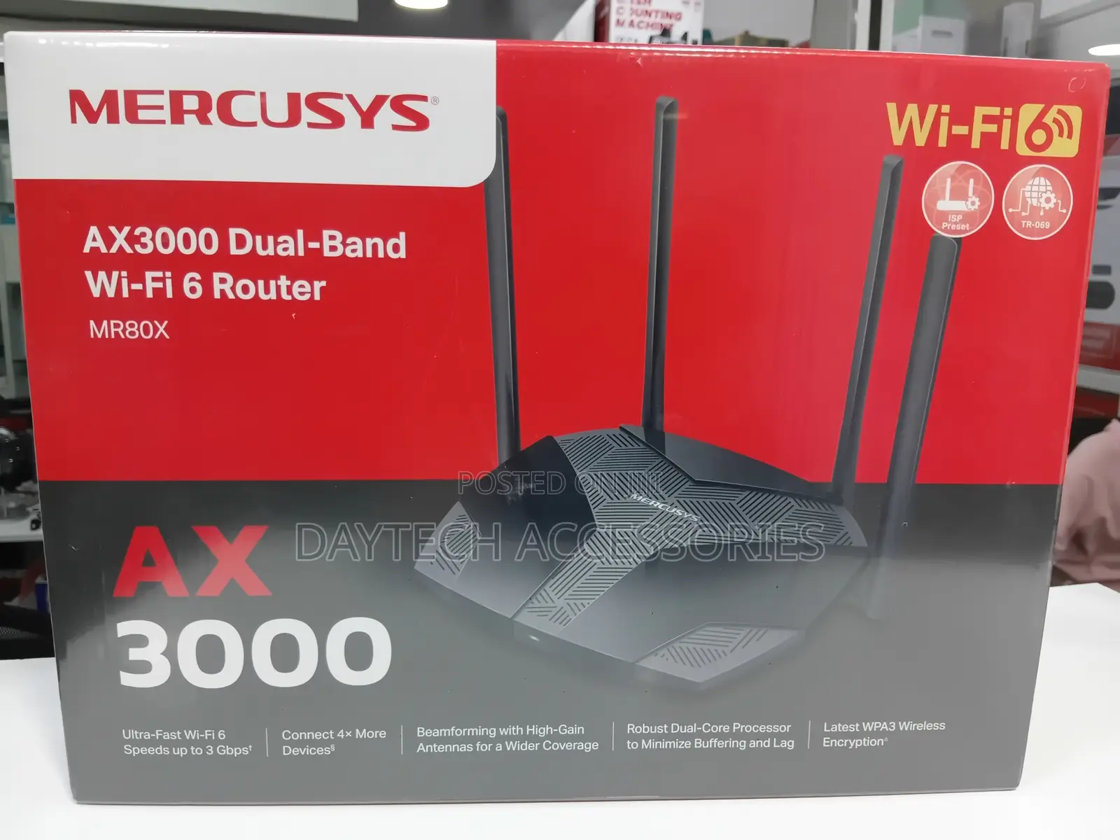 Mercusys Mr80x Ax3000 Dual-Band Wi-Fi 6 Router With Four Antennas.