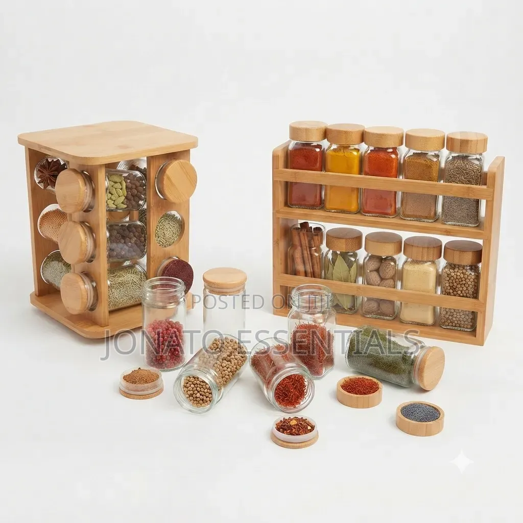 12-piece Wooden Spice Rack Set With Glass Jars