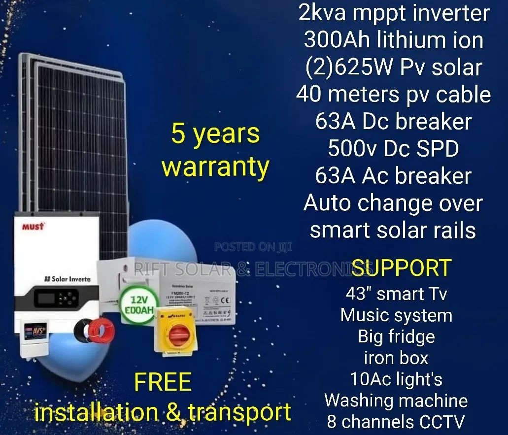 2kva - 300ah Lithium Kit -(2)625w Solar Free Installation Transport