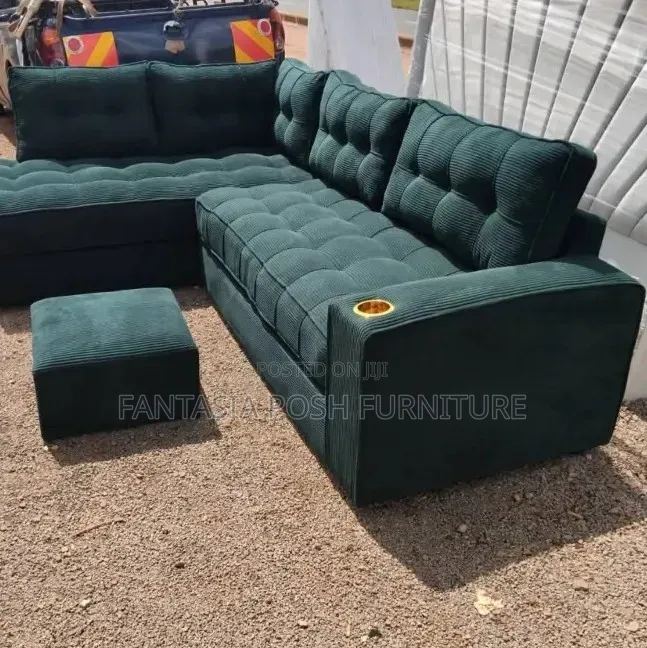 Green L Shape 5-Seater + Ottoman