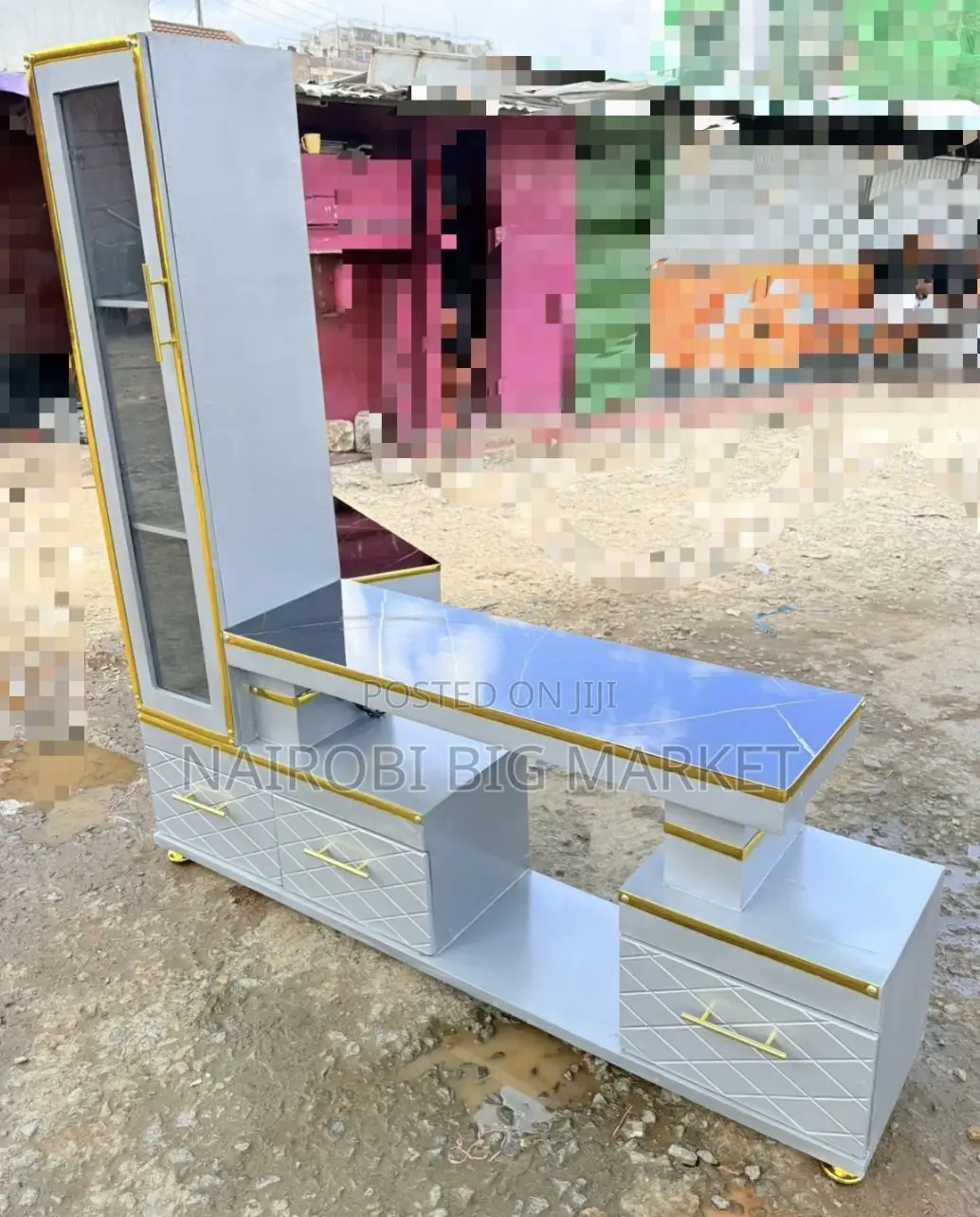 Extended Tv Stand With Marble Coating and Shelf Cabinet