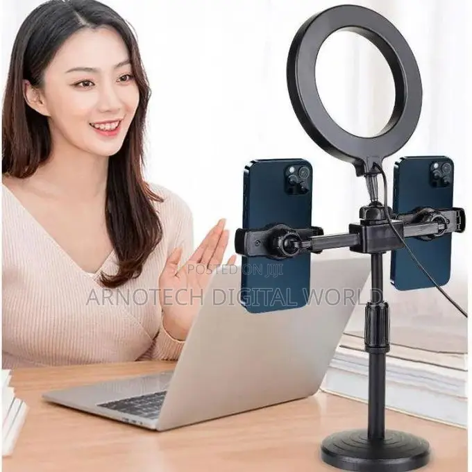 Desktop Ring Light With Dual Phone Holder Adjustable Tripod Stand