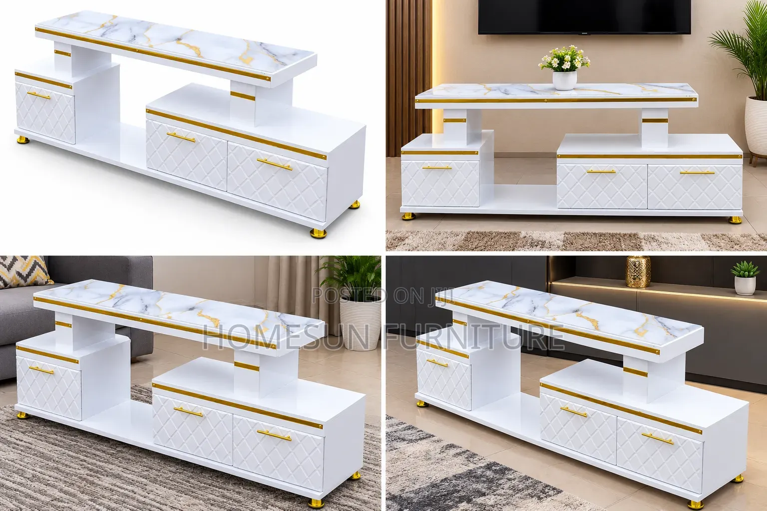 Modern Luxury TV Stand With Marble Top – White Gold
