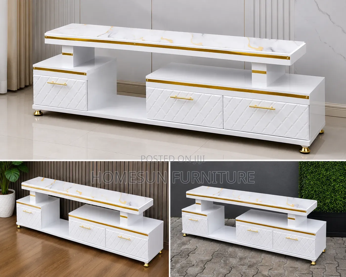 Modern Luxury TV Stand With Marble Top – White Gold