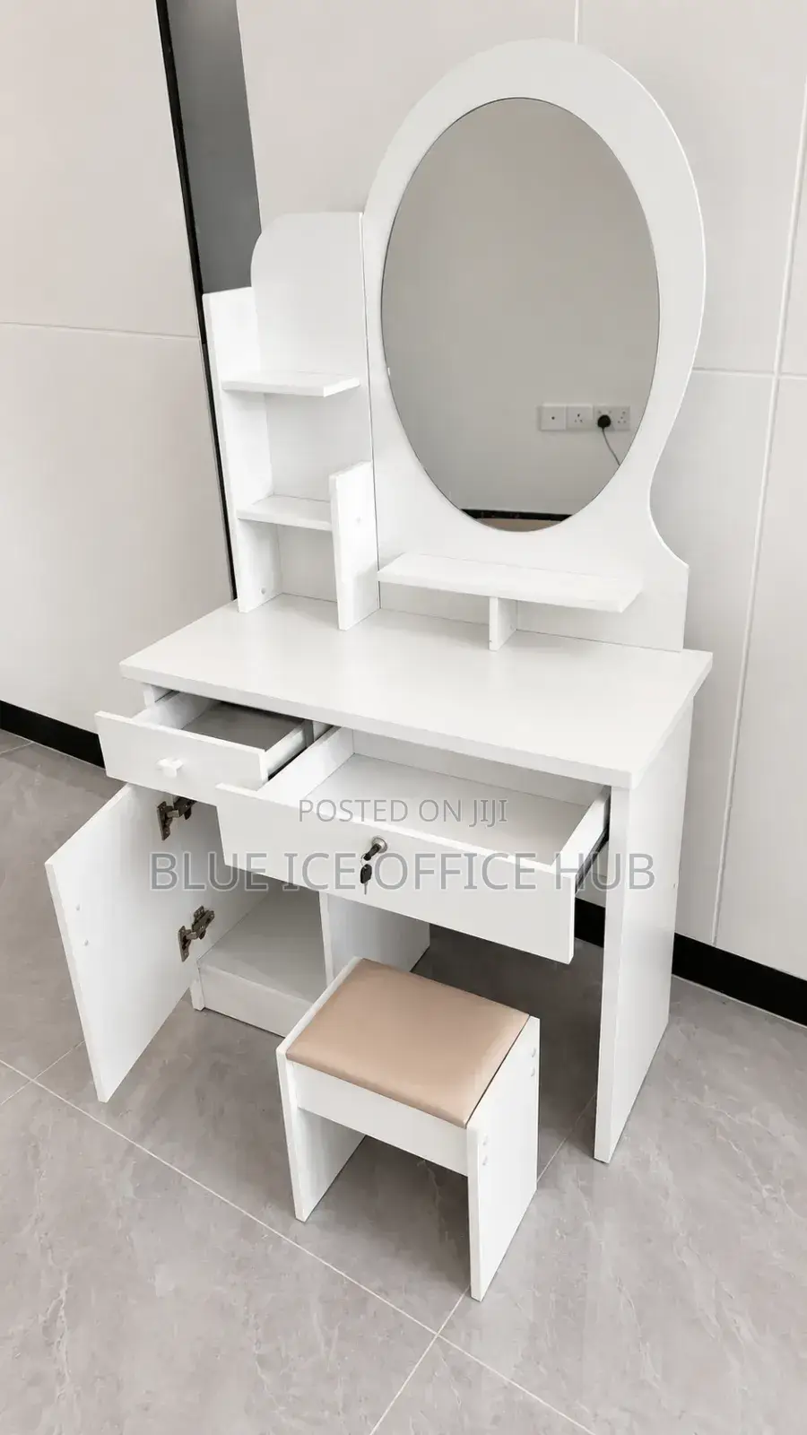 Modern White Dressing Table With Mirror and Stool