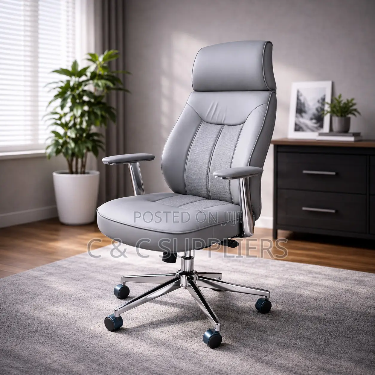Gray Leather High Back Swivel Chair