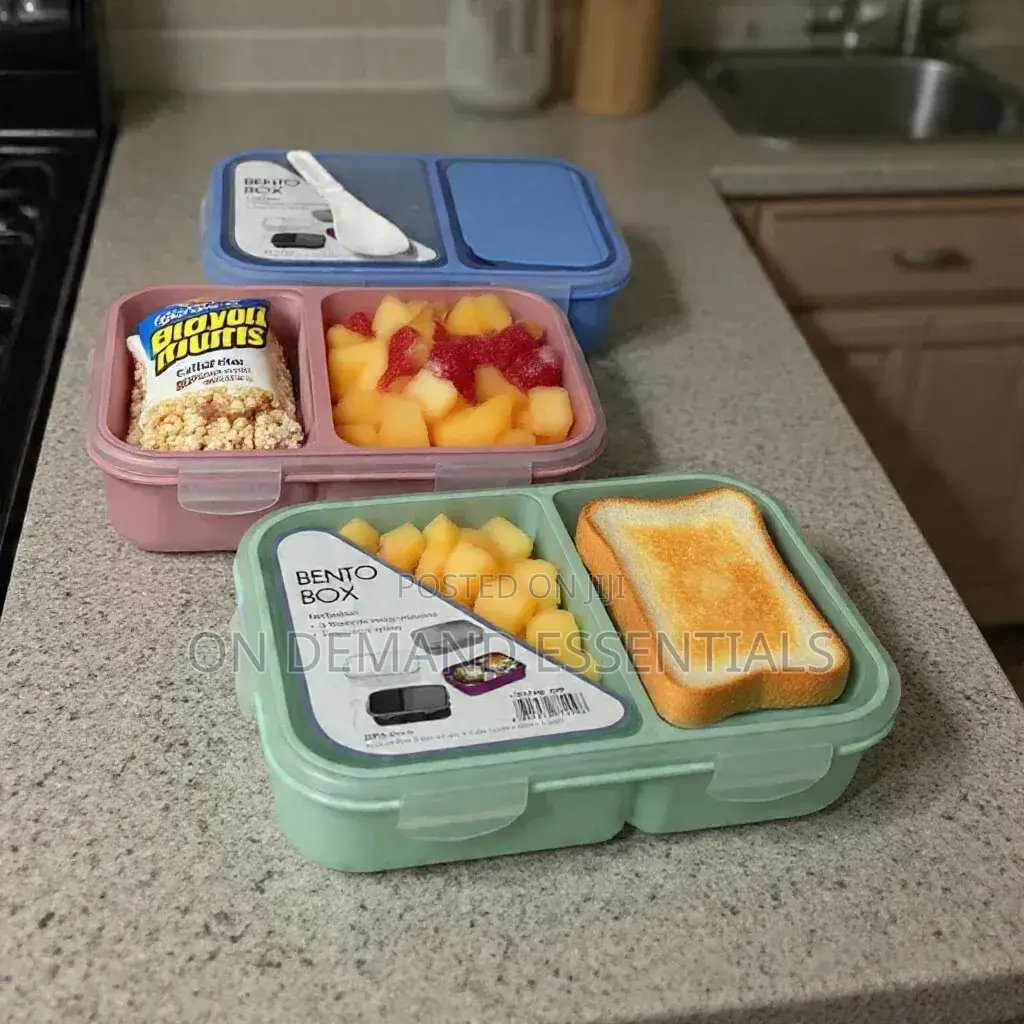 2-Compartment, 2-Grid Bento Lunch Box With Spoon