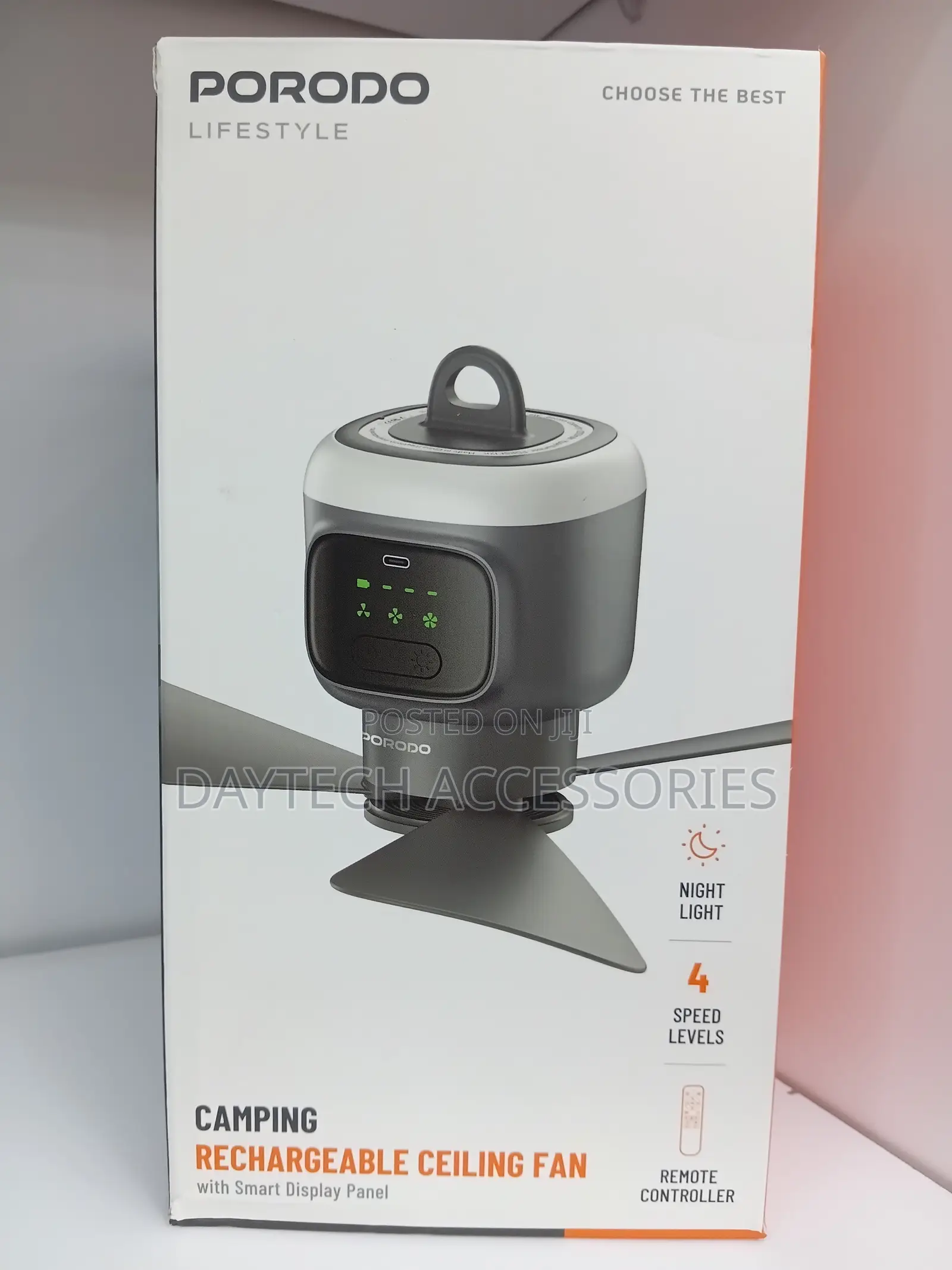 This Is a Porodo Lifestyle Camping Rechargeable Ceiling Fan in Gray.