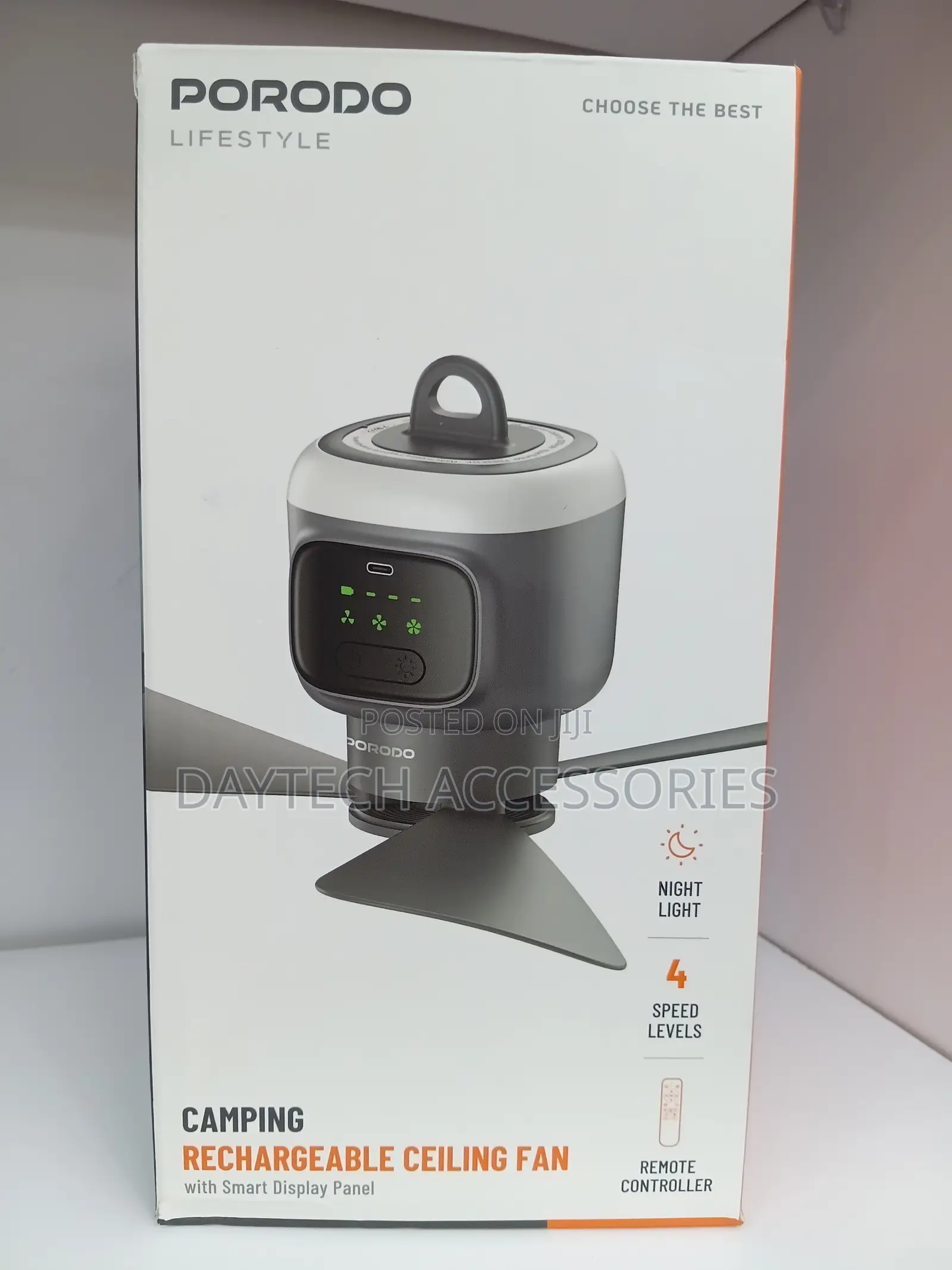 This Is a Porodo Lifestyle Camping Rechargeable Ceiling Fan in Gray.