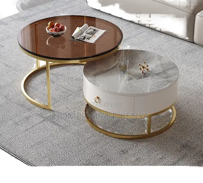 Coffee Table: Gold Plated Glass and Marble Nesting Tables