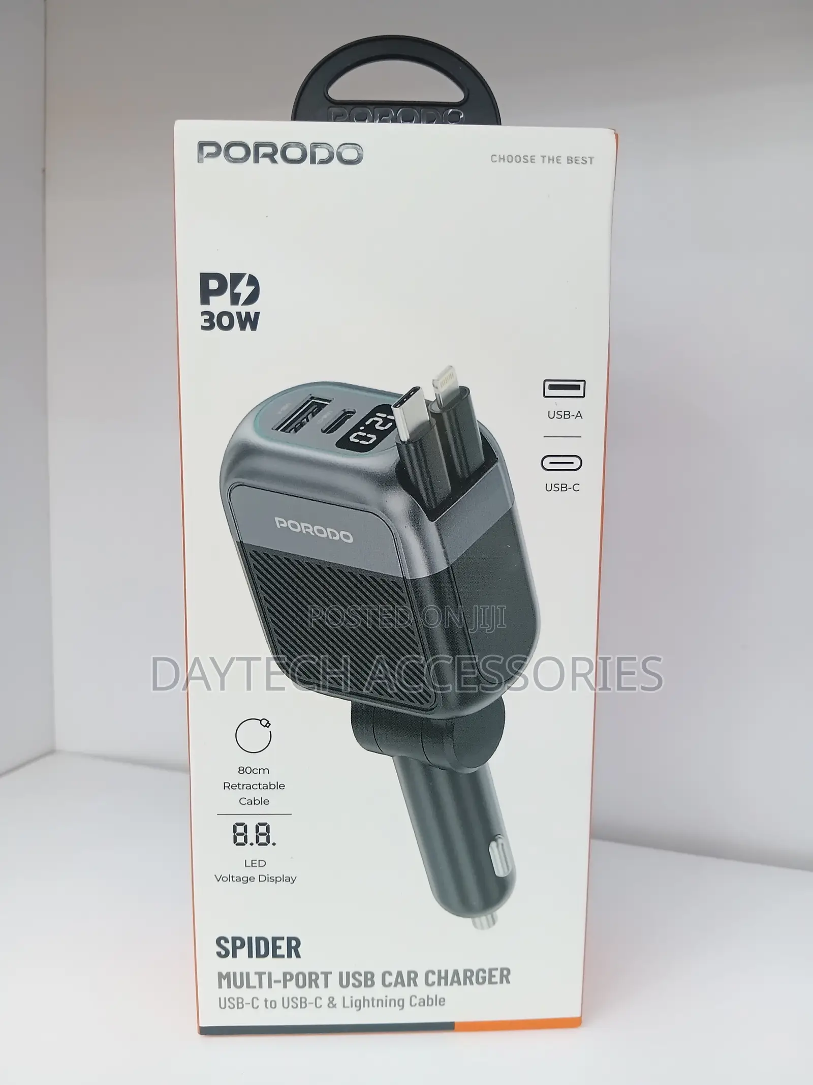 Porodo Spider Multi-Port Car Charger That Delivers 30W of Power.