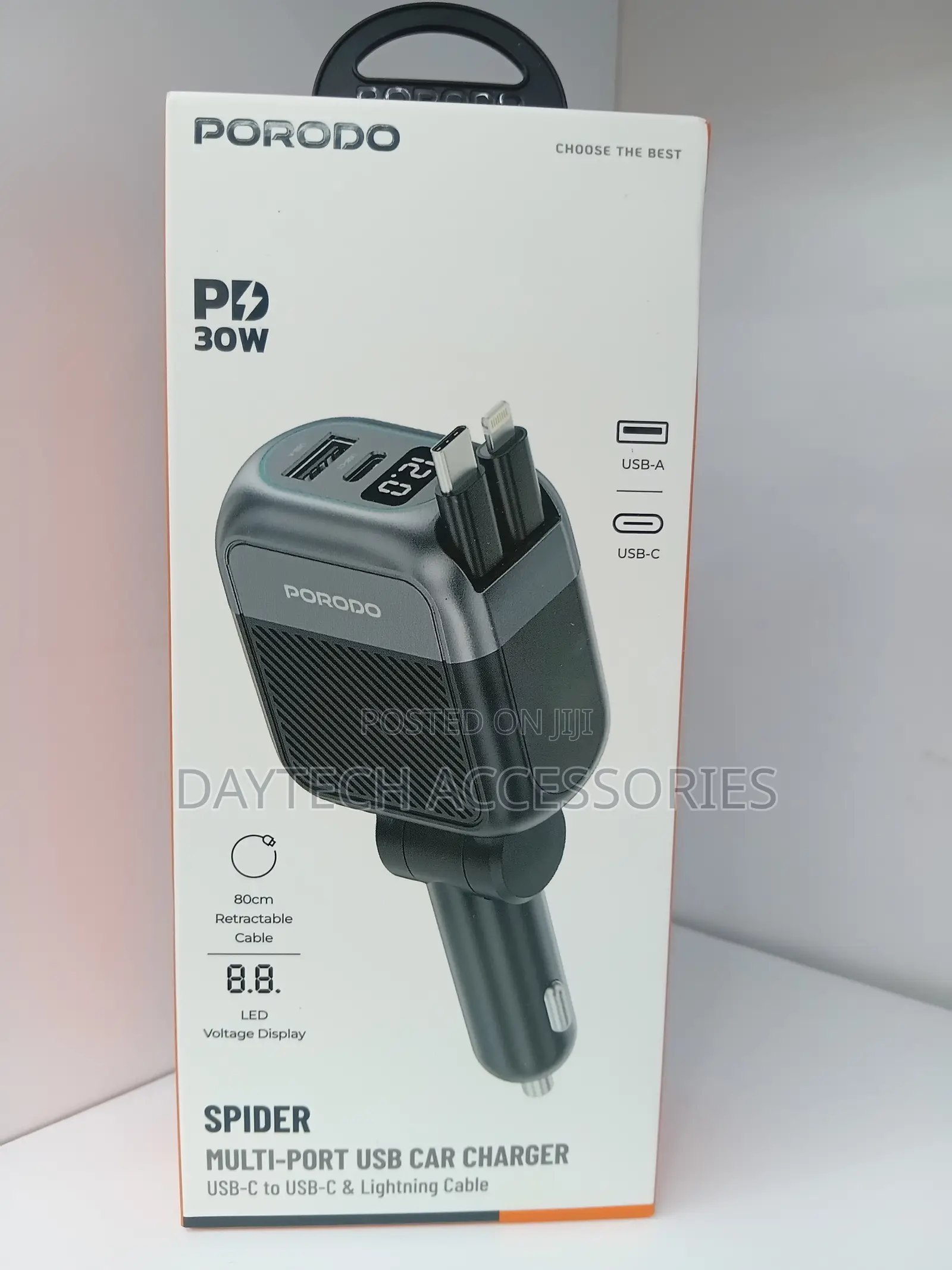 Porodo Spider Multi-Port Car Charger That Delivers 30W of Power.