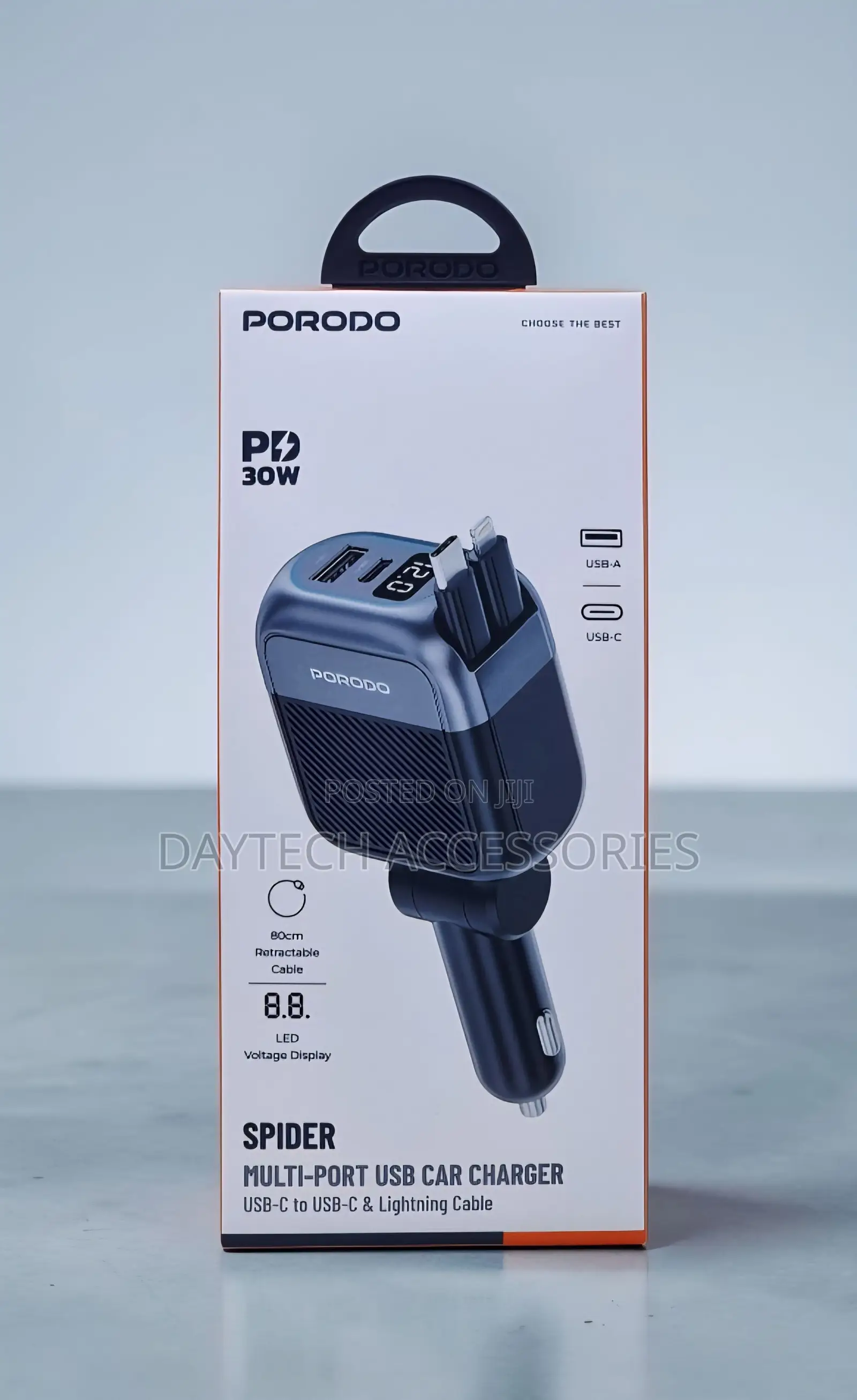 Porodo Spider Multi-Port Car Charger 30W Built-in Retractable Cable.