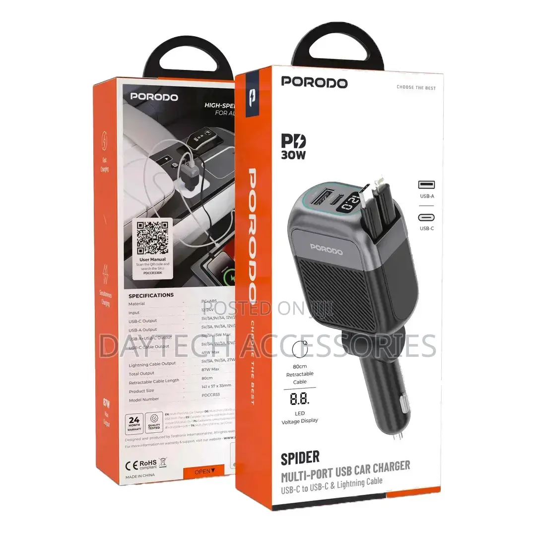 Porodo Spider Multi-Port Car Charger 30W Built-in Retractable Cable.
