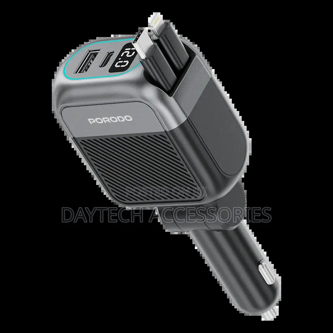 Porodo Spider Multi-Port Car Charger 30W Built-in Retractable Cable.