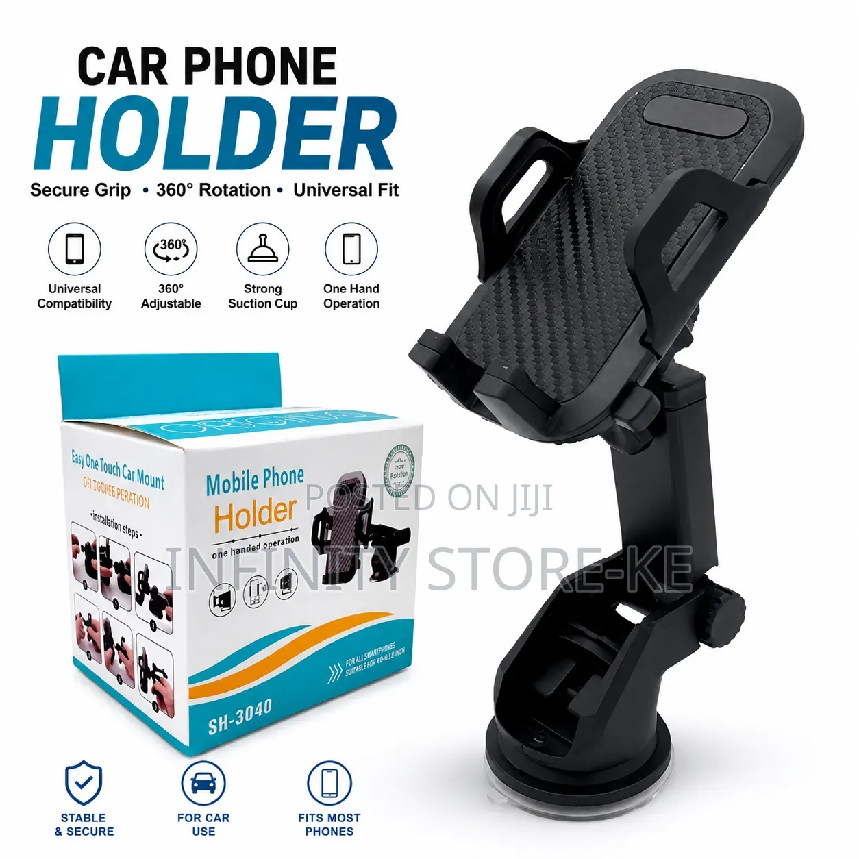 Universal Car Phone Holder With Suction Cup – 360° Adjustable