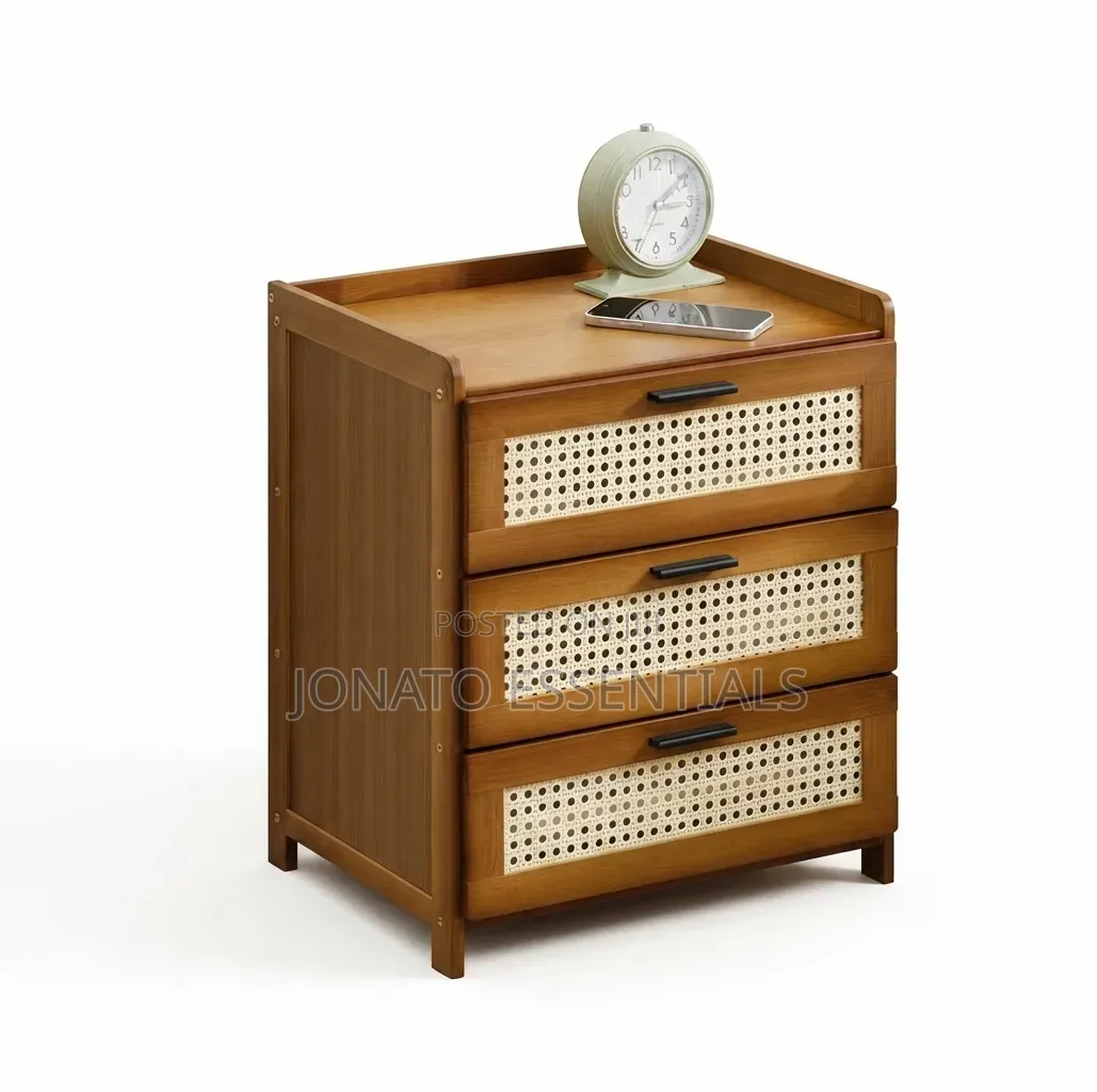 Modern 3 Drawer Wooden Bedside Cabinet Rattan Style Storage