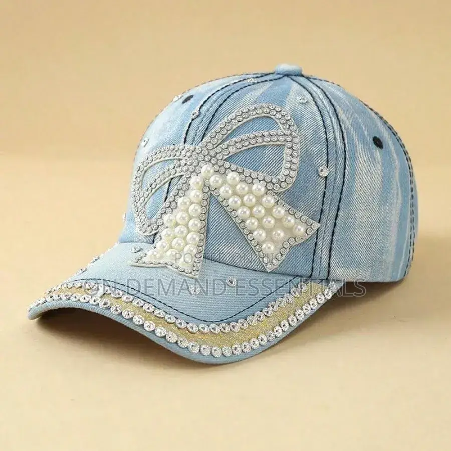Bow Pearl Diamond Denim Baseball Cap