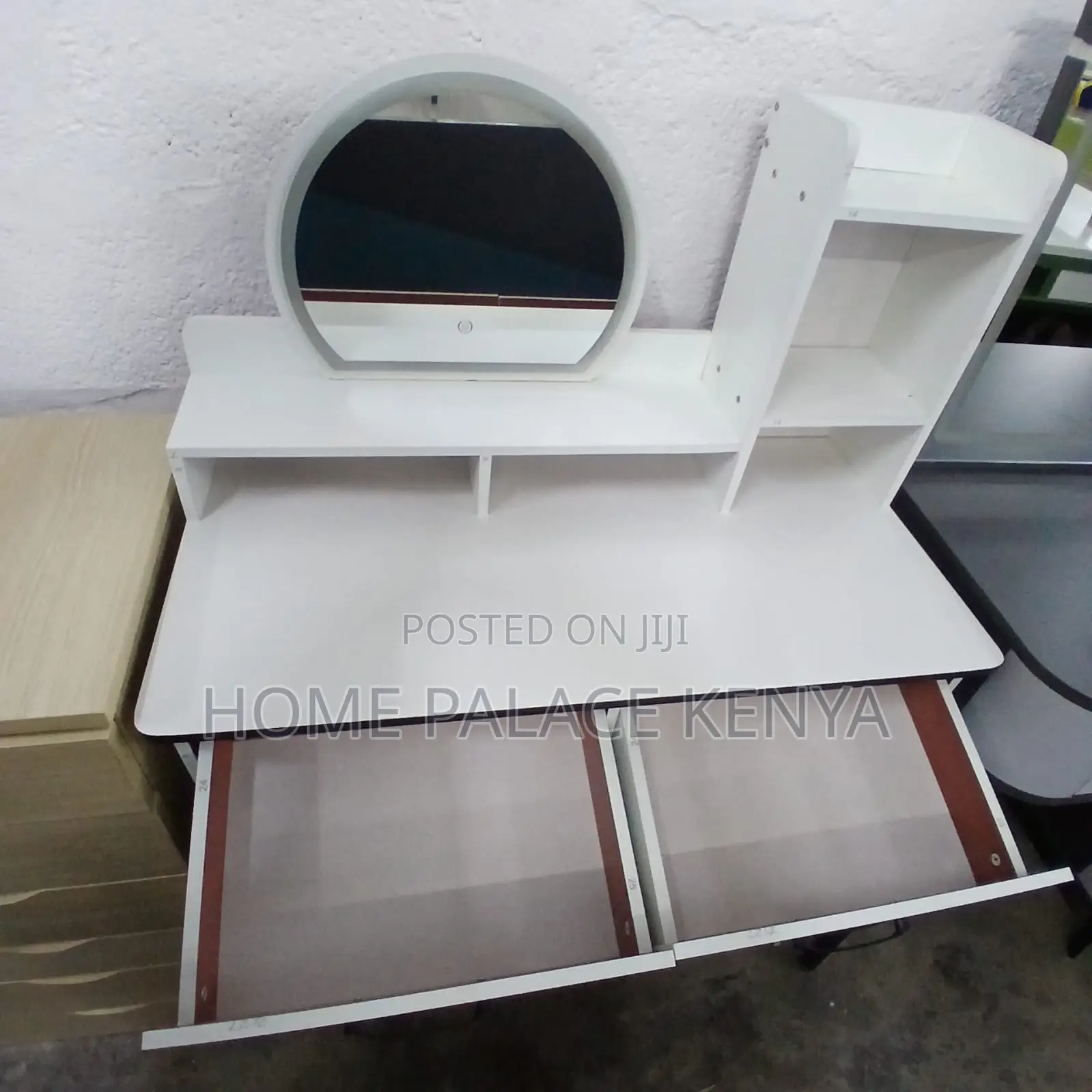 Vanity Table: White Vanity With Round Mirror and Metal Stand