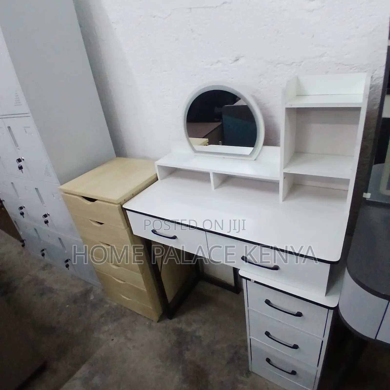 Vanity Table: White Vanity With Round Mirror and Metal Stand