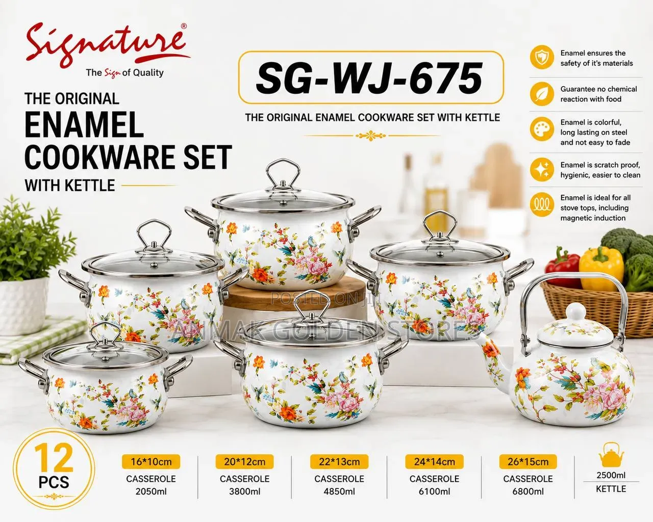 12 PCS ENAMEL COOKWARE SETS With KETTLE 
Sg - Wj - 675