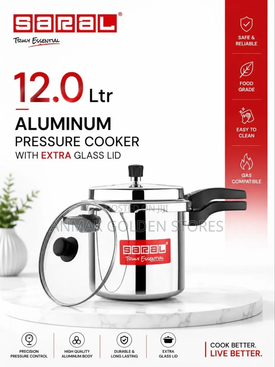 12 LTR Aluminum Pressure Cooker With Extra Glass Lid