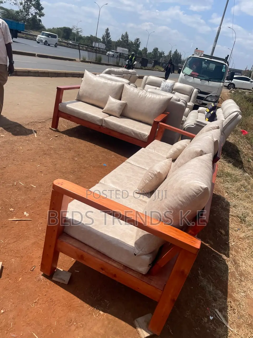 6-Seater Wooden Frame Sofa Beige Cushions