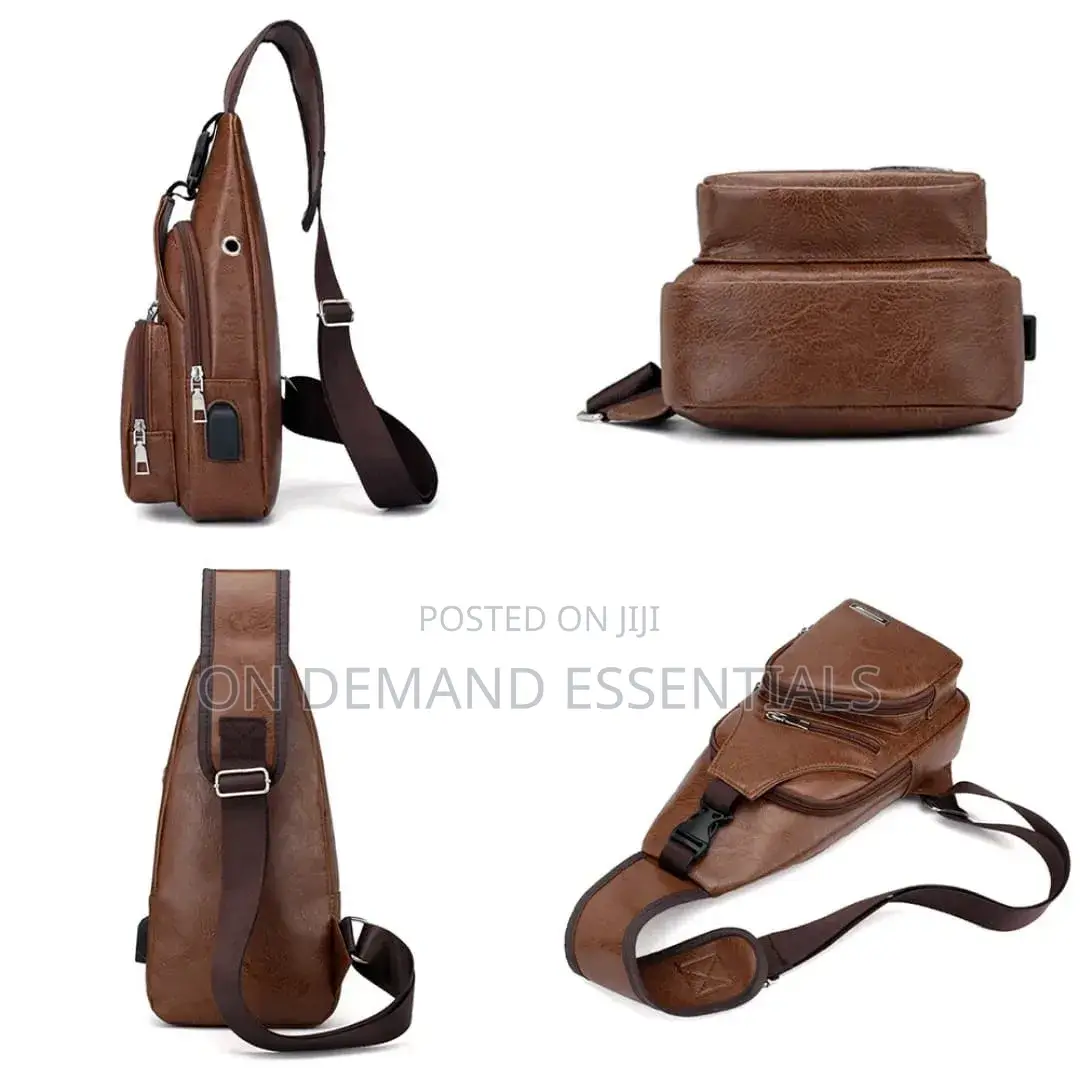 Fashion Men Chest Bag Pu Leather USB Charging