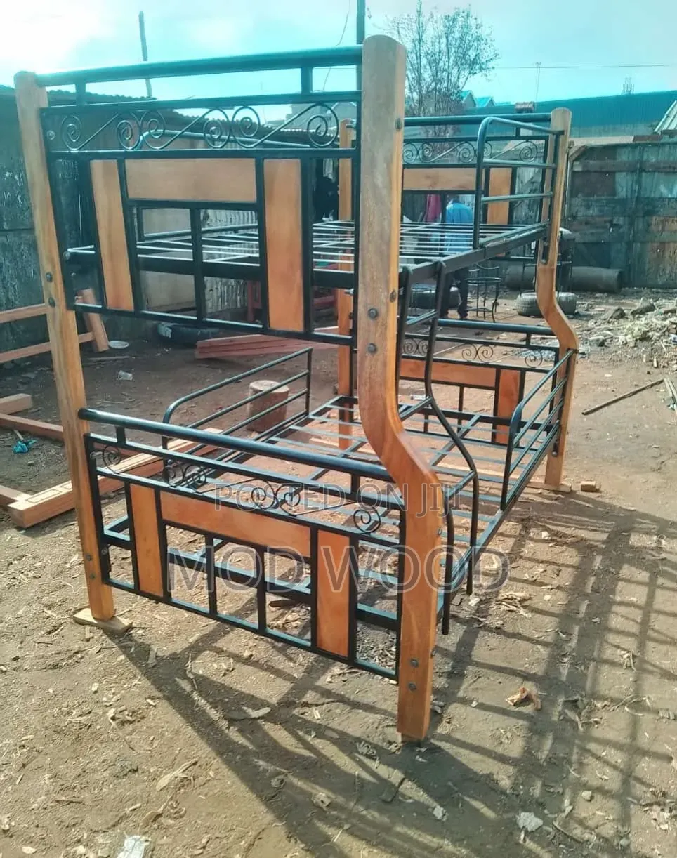 Modern Metal and Wood Double Decker Bunk Bed