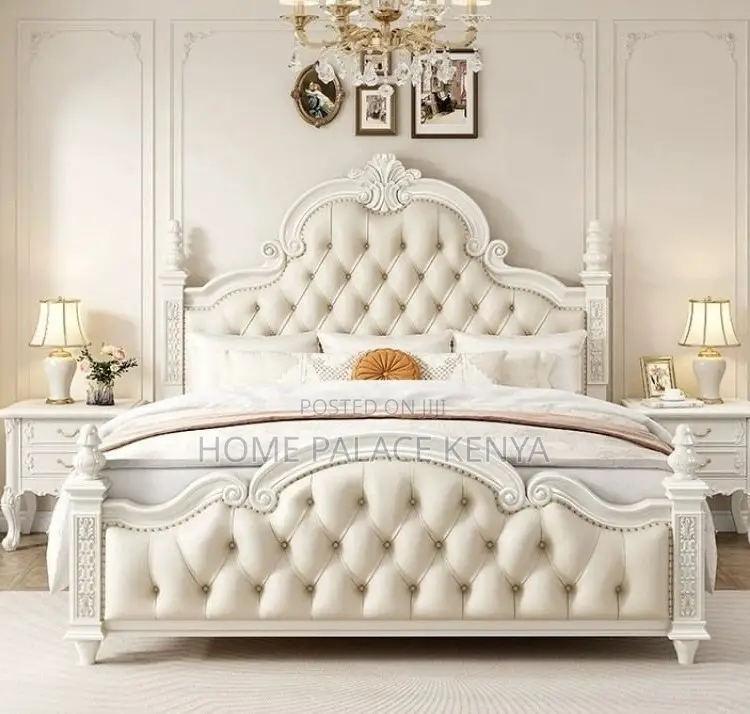 King Bed: Brown and White Mahogany Tufted Bed