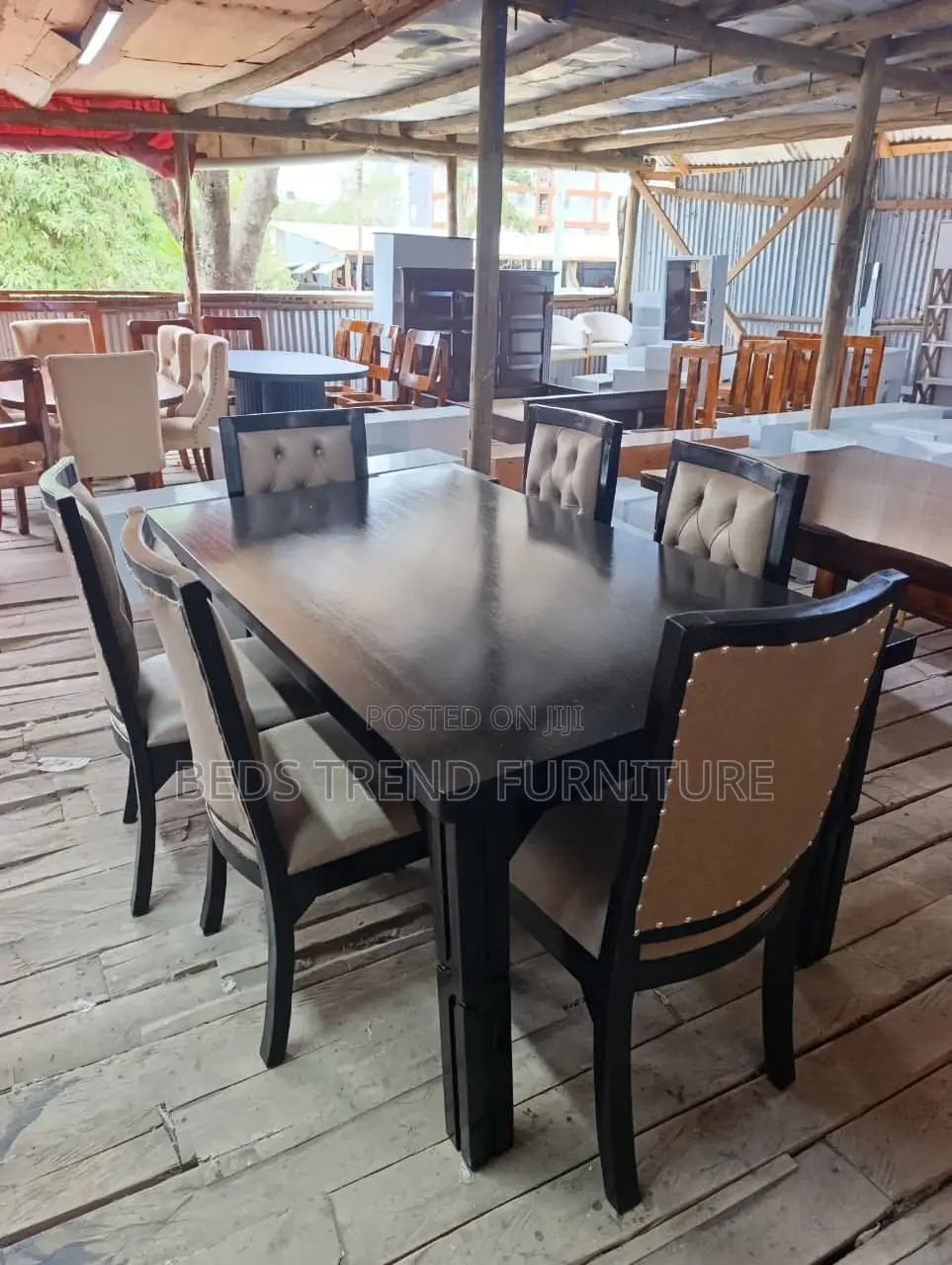 6-Seater Rectangular Dining Set – Wooden With Beige Tufted Chairs