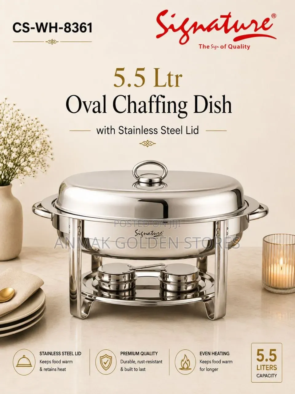 5.5 LTR Oval Shape Cheffing Dish Single Compartment Cs-Wh-8361