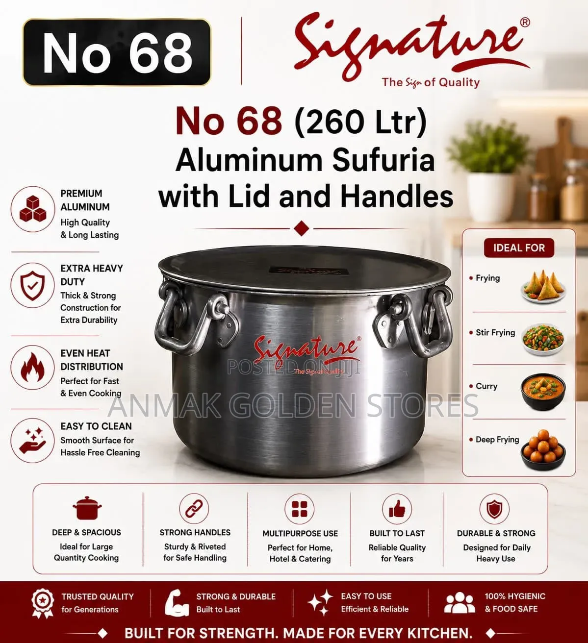 Aluminum Extra Heavy Sufurias With Lid and Handle No68 (260 LTR Approx