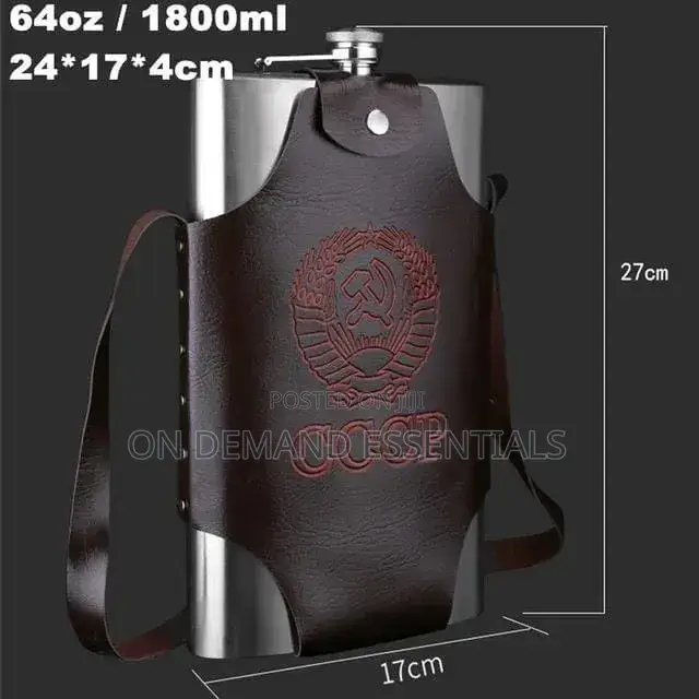 64 Oz Giant Stainless Steel Whiskey Flask With Cover Holder
