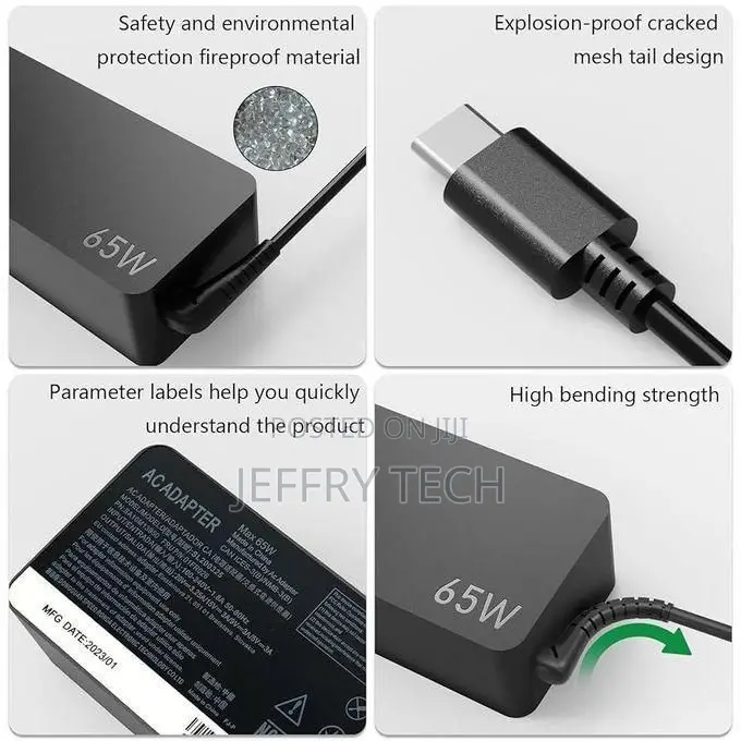 Lenovo 65W USB Type C Adapter Fast Charger Free AC Fused Power Cord,