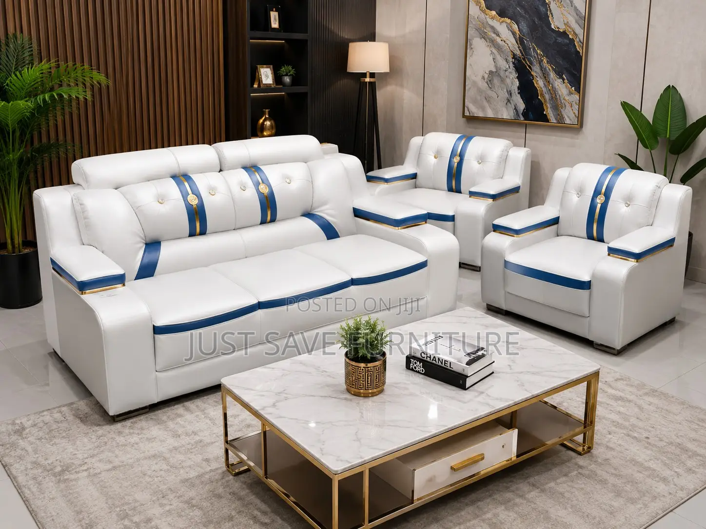 Luxury White Blue Leather 3-Seater Sofa