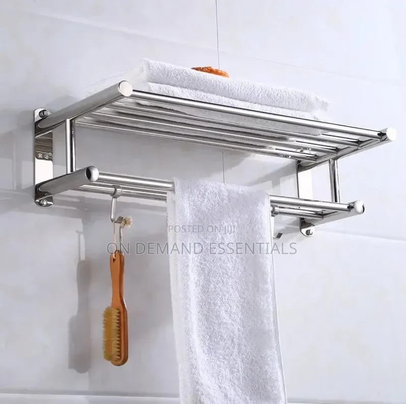304 Silver Bathroom Wall Mounted Towel Rack Accessory With Hooks