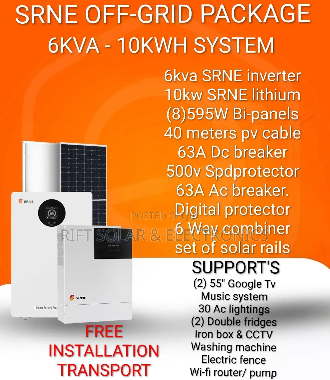 SRNE 6kva - 10kwh Lithium - (8) 595W Solar - Free Installation