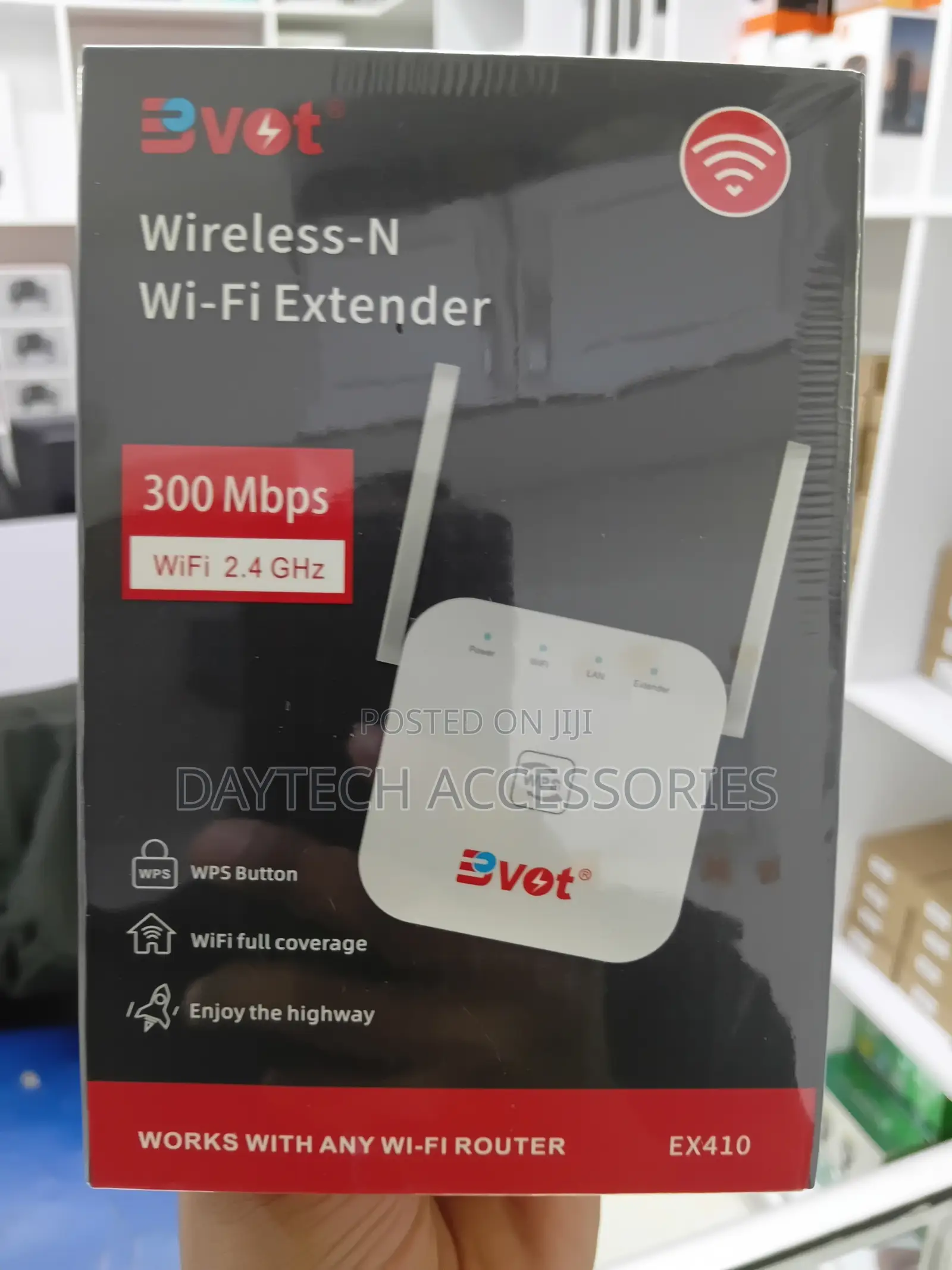 This Is a Bvot EX410 Wireless-N Wi-Fi Extender With Two Antennas.