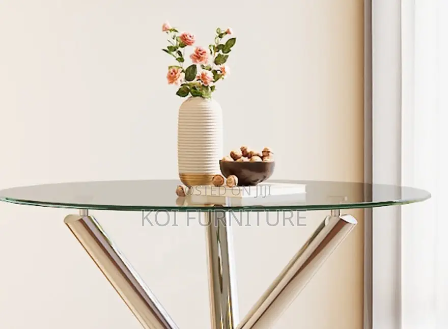Dining Table; Round Glass Top Living Room Table With Metallic Legs