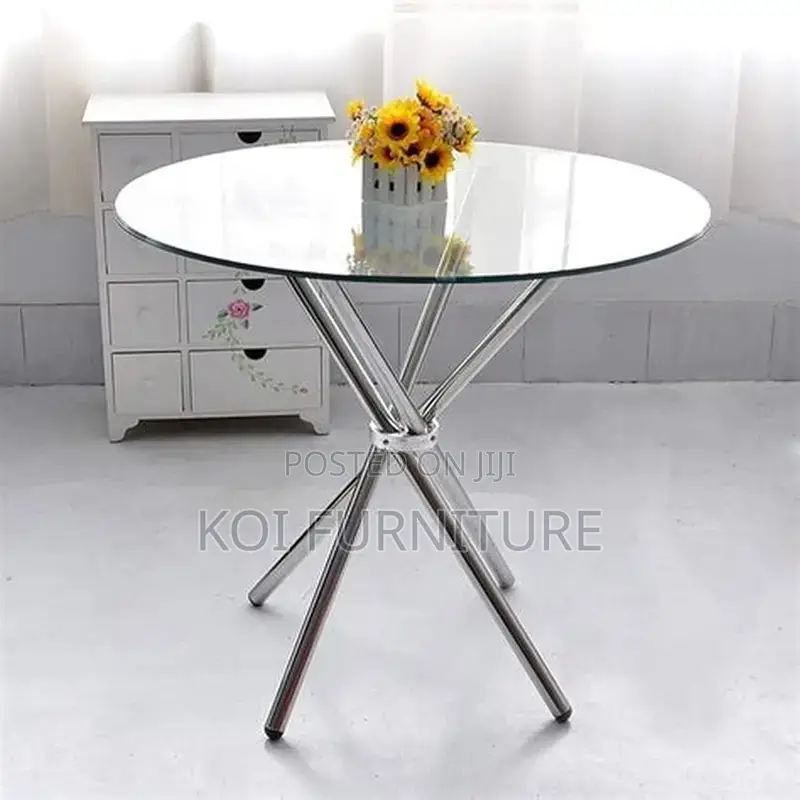 Dining Table; Round Glass Top Living Room Table With Metallic Legs