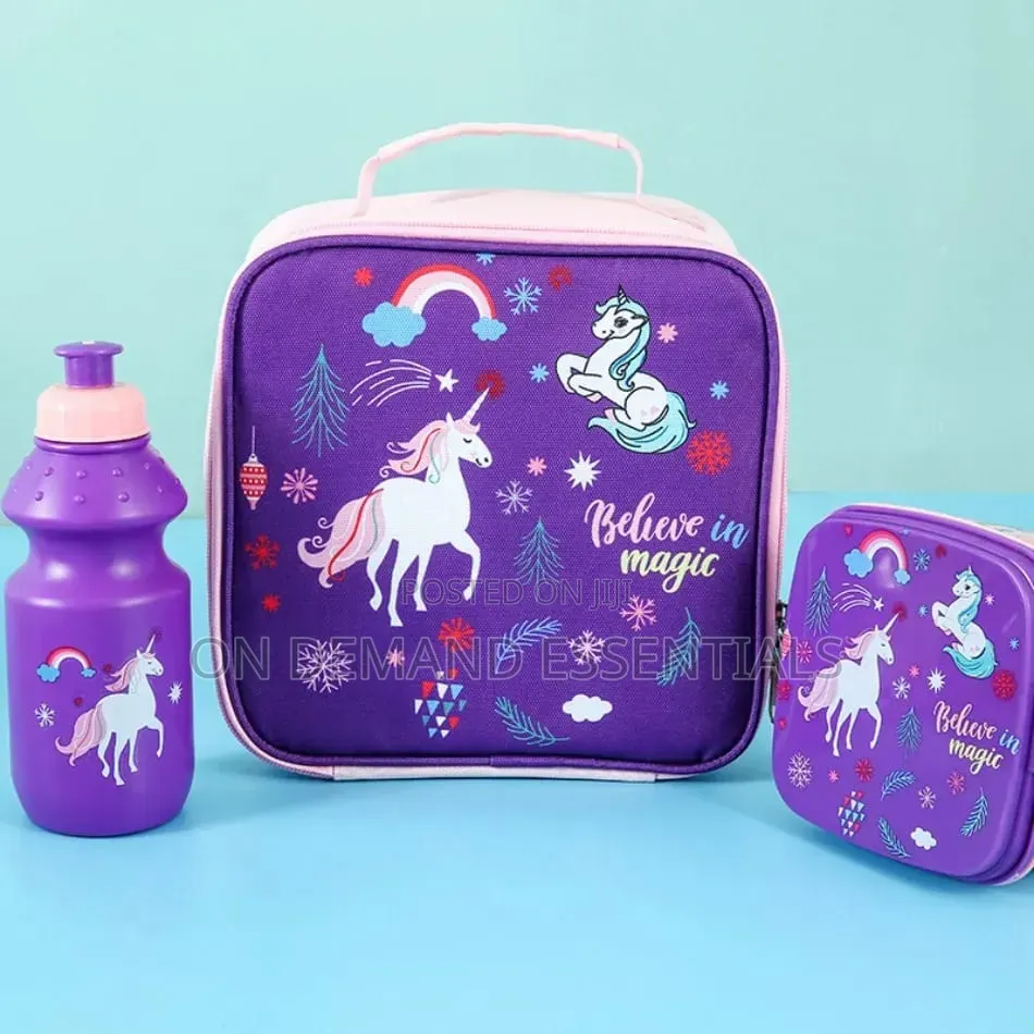 3pcs Girls and Boys Unicorn Lunbag With Kettle Lunch Box