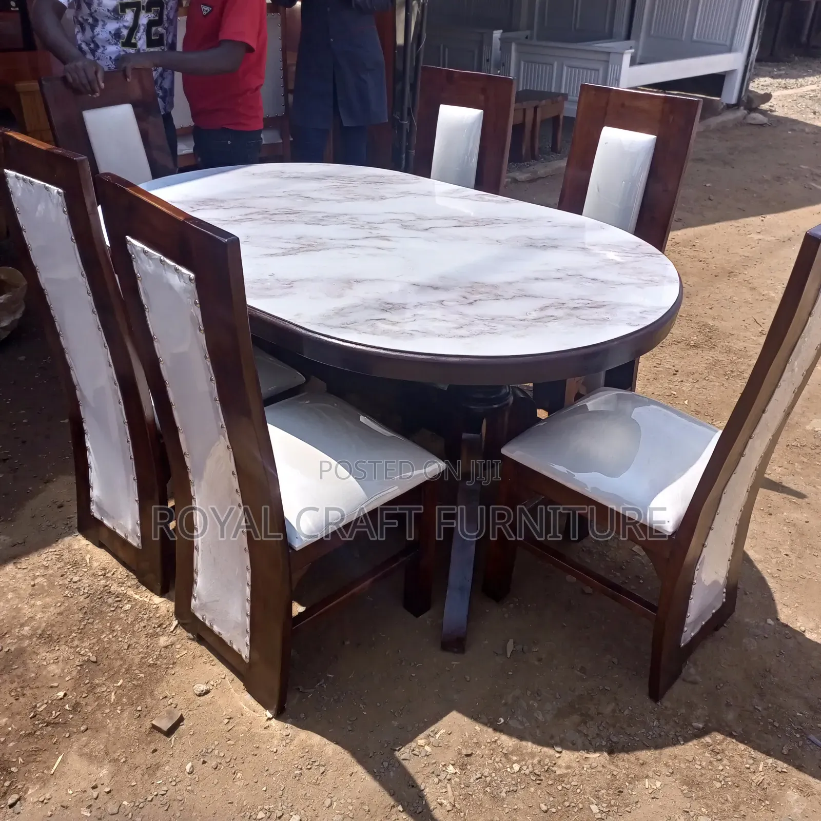 Elegant Oval Marble Dining Suite - Mahogany Tufted Fabric