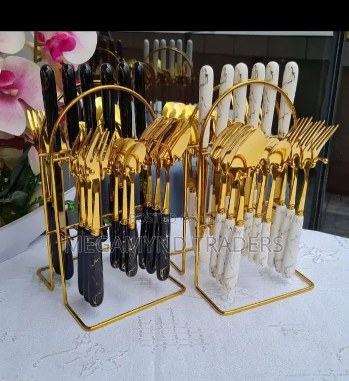 24pc Heavy Marble Cutlery Set / Golden Cutlery Set